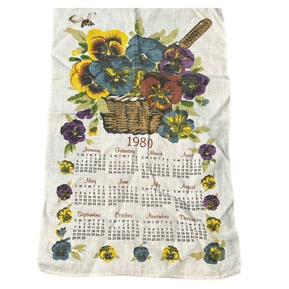 Vintage 1980 calendar with pansies tea towel